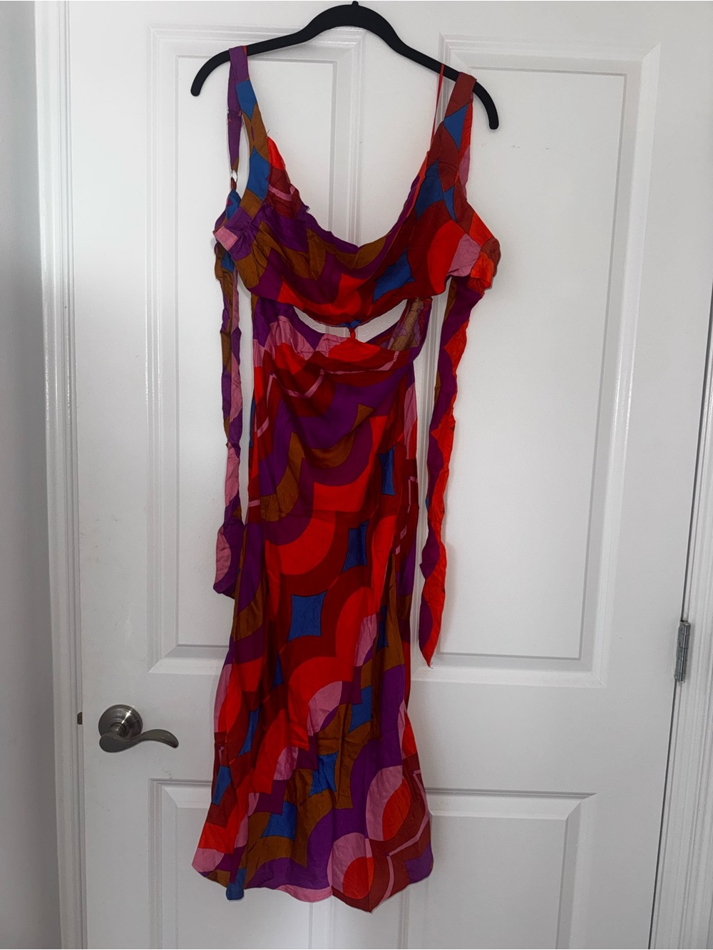 Olivaceous Red & Purple Geometric Midi Slip Dress